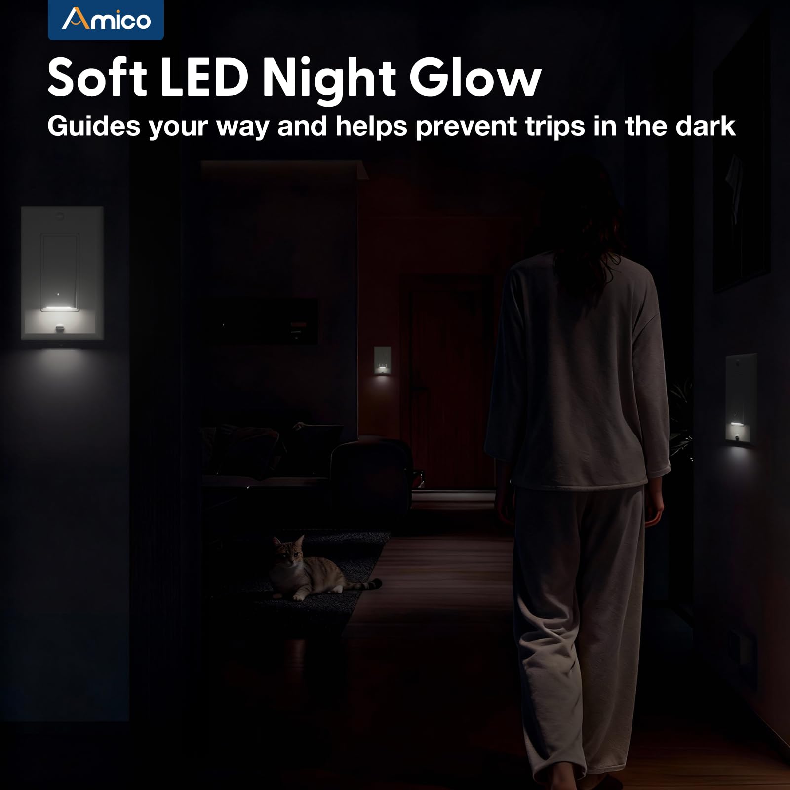 Amico 6000K LED night light integrated into switch for safe nighttime navigation.