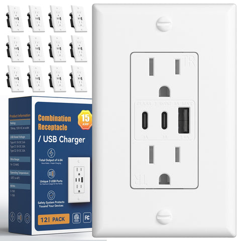 Amico 6-0A USB outlet close-up showing 2 USB-C and 1 USB-A ports for versatile charging.
