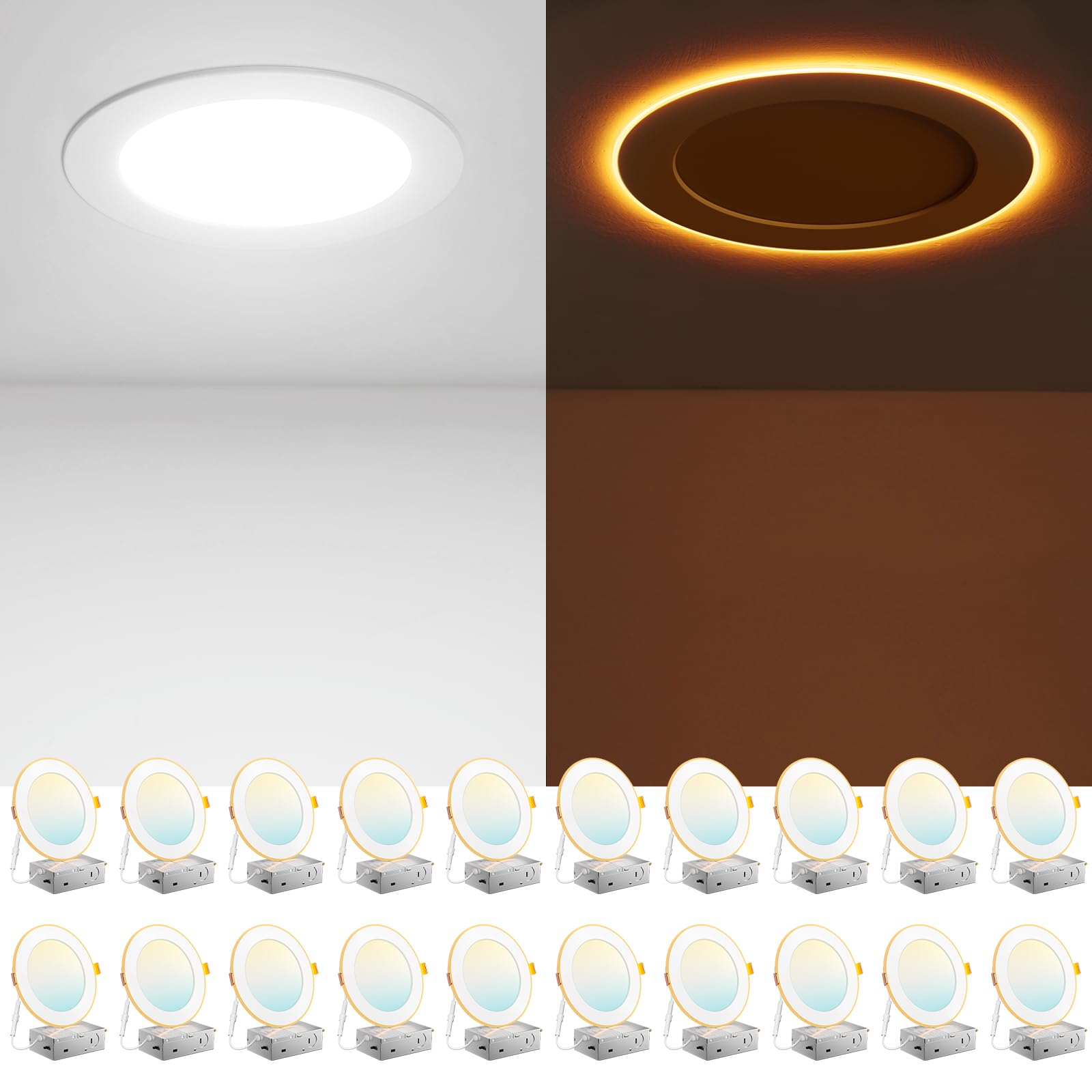Amico 6 inch LED recessed light in night light mode for soft amber glow in bedrooms and hallways.