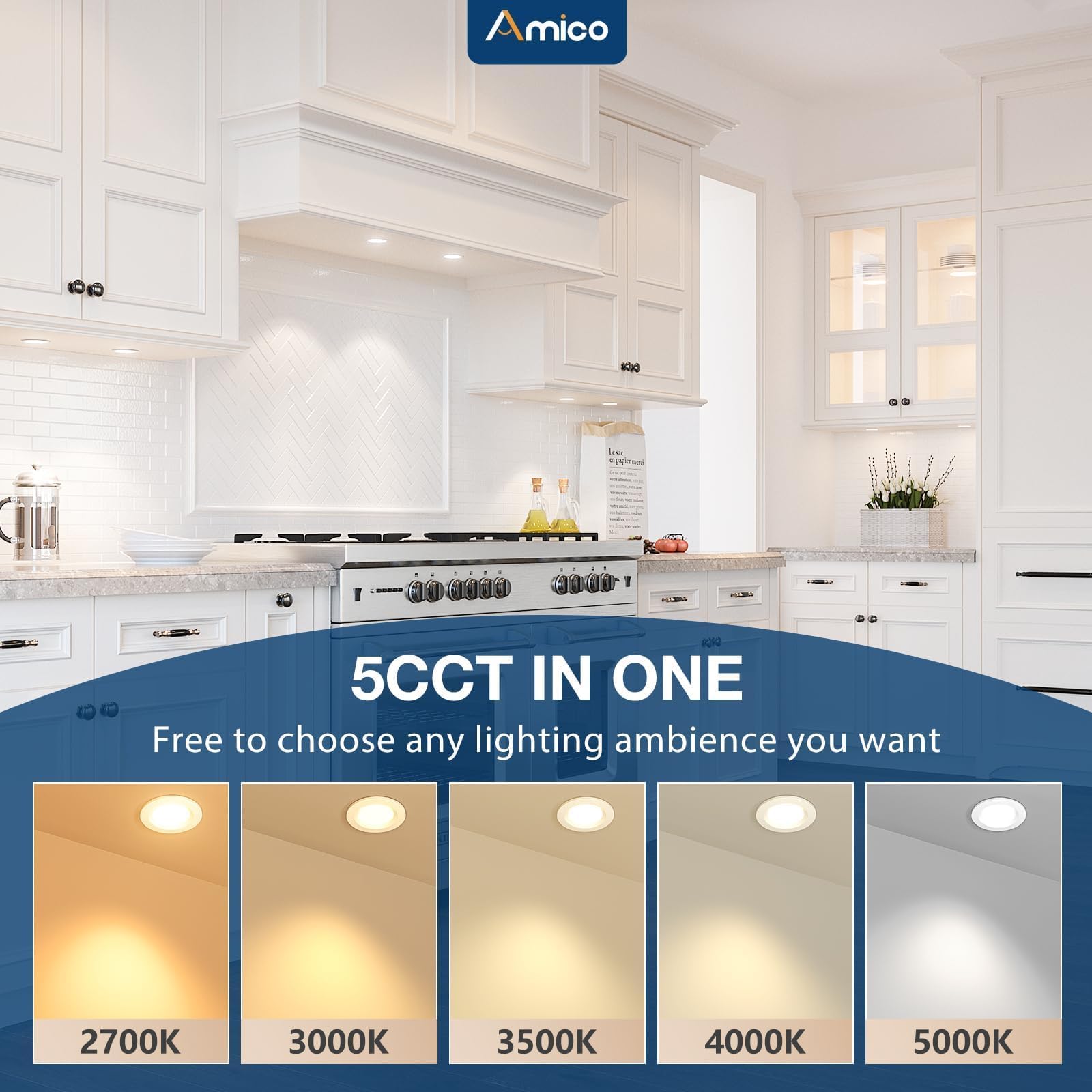 Amico 6 Pack dimmable LED downlight delivers smooth brightness control with CRI90+.