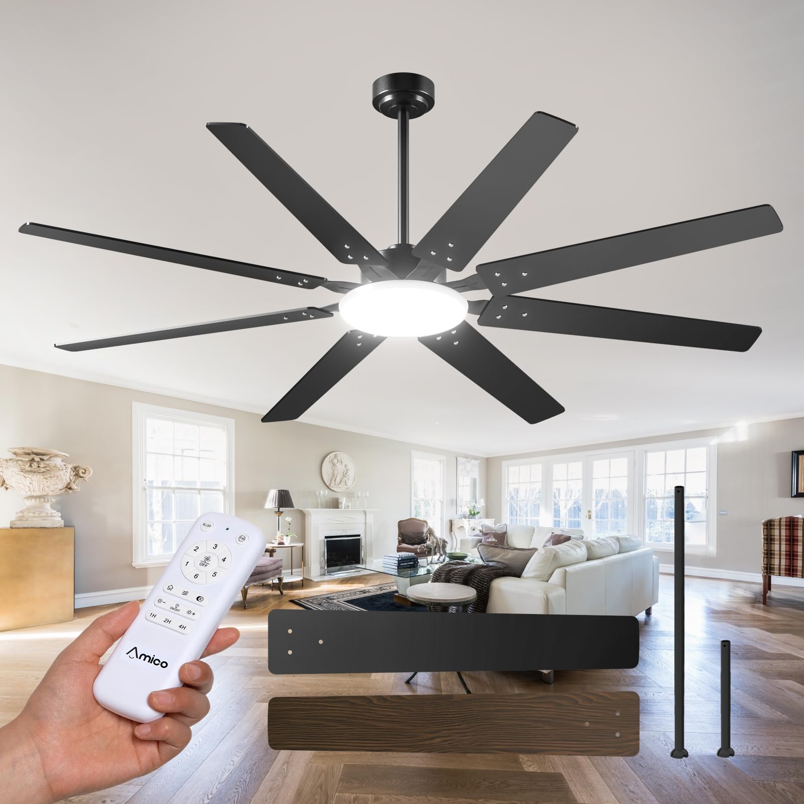 Amico 72-inch ceiling fan with light and remote for easy air and light control.
