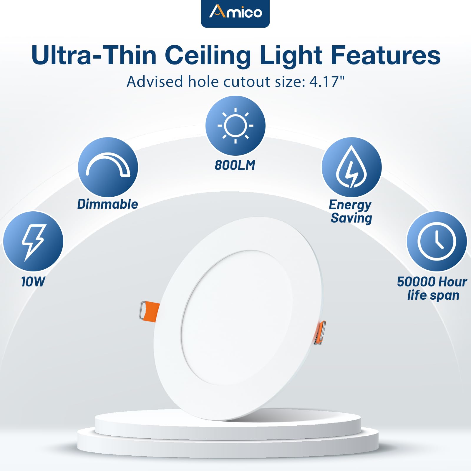 Amico 800 lumens 10W LED downlight for bright low-energy lighting.