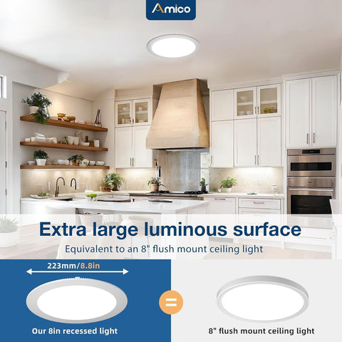 Amico 8-inch recessed downlight side profile showing slim design for tight ceilings