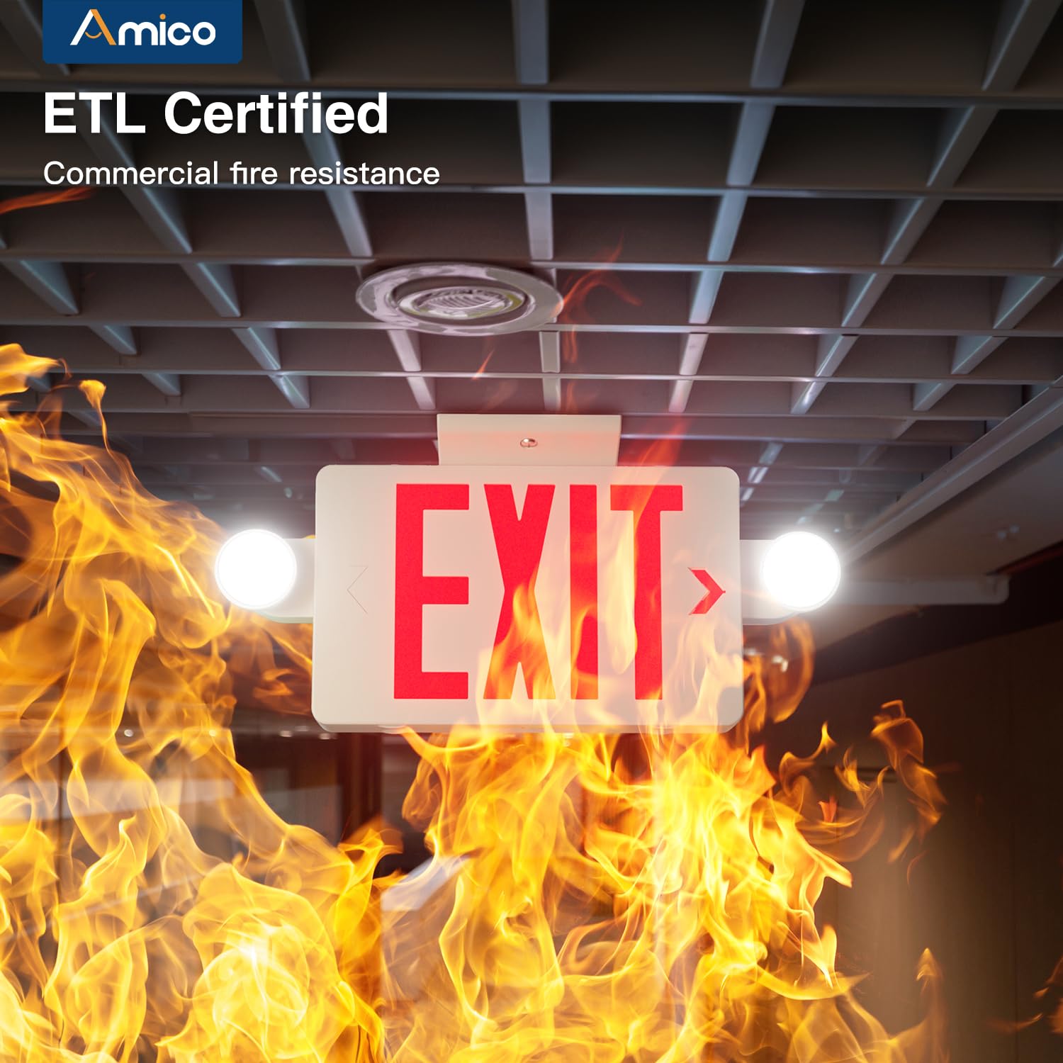 Amico exit signage with universal 120/277V input compatibility.
