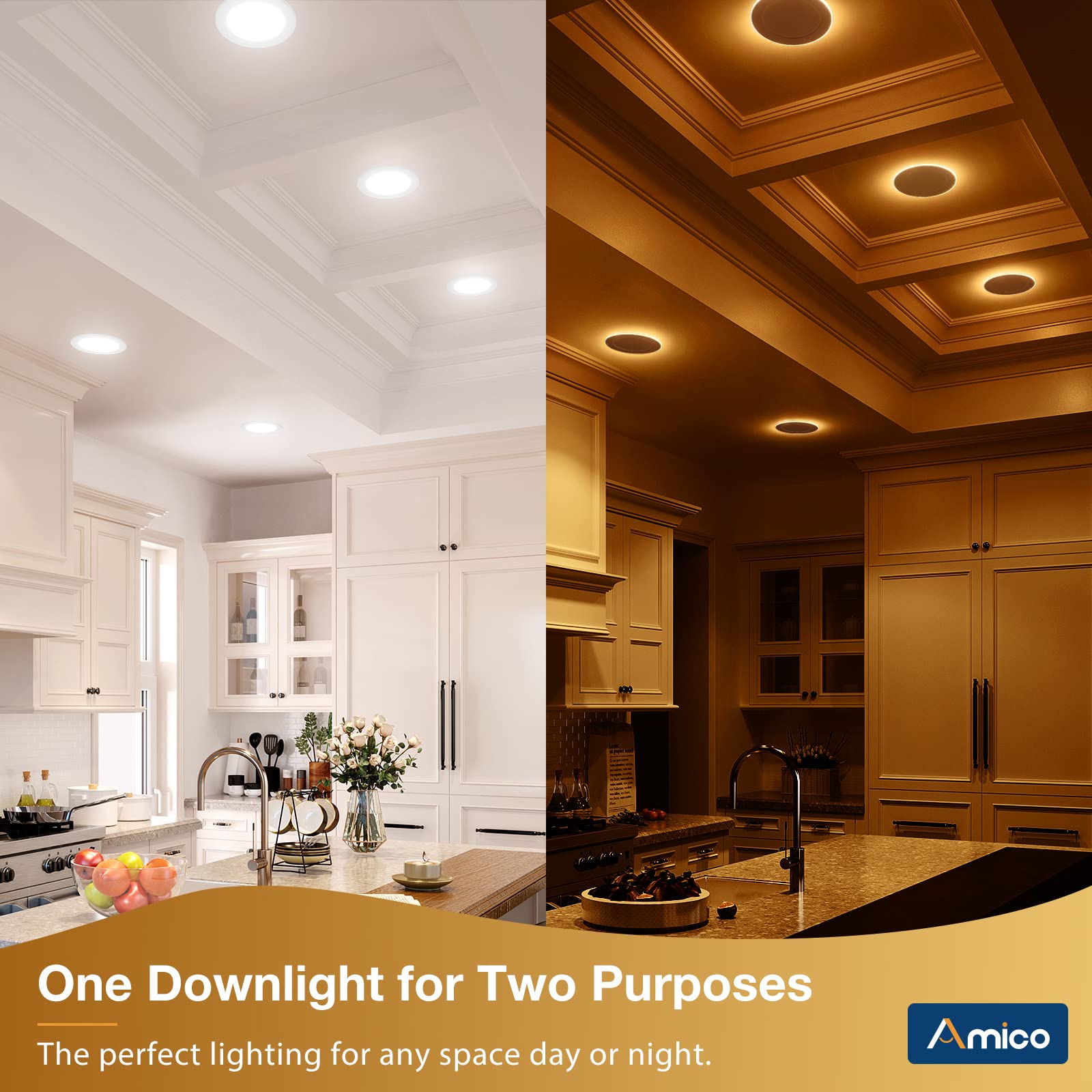 Amber night light on Amico downlight provides soft glow for late-night navigation.