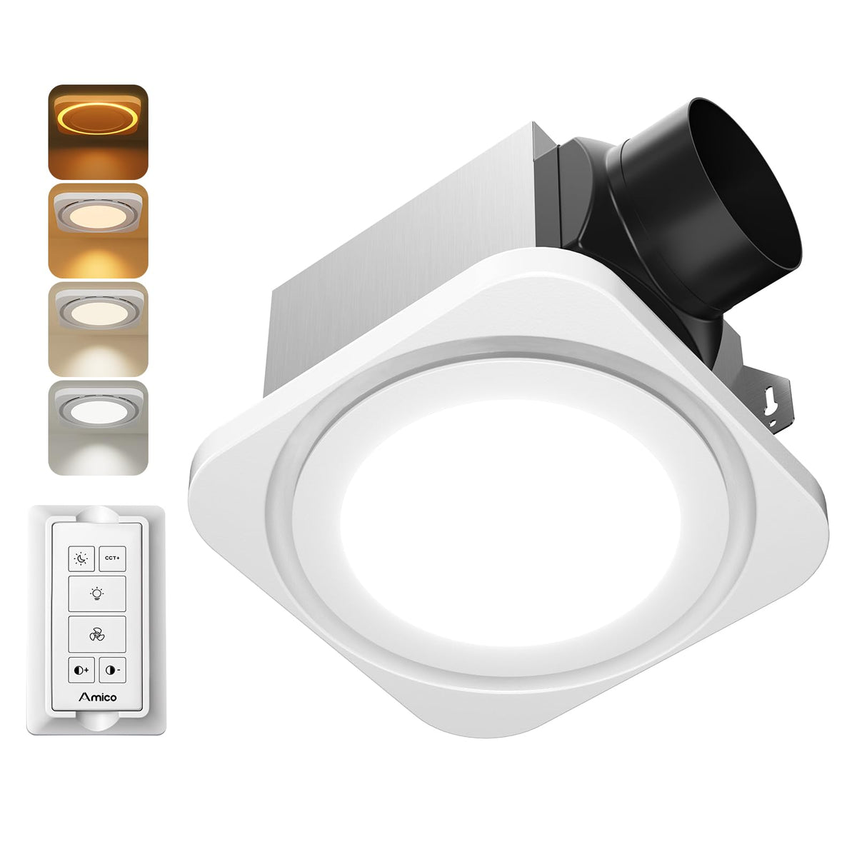 Amico bathroom exhaust fan with light in ceiling, showing integrated vent