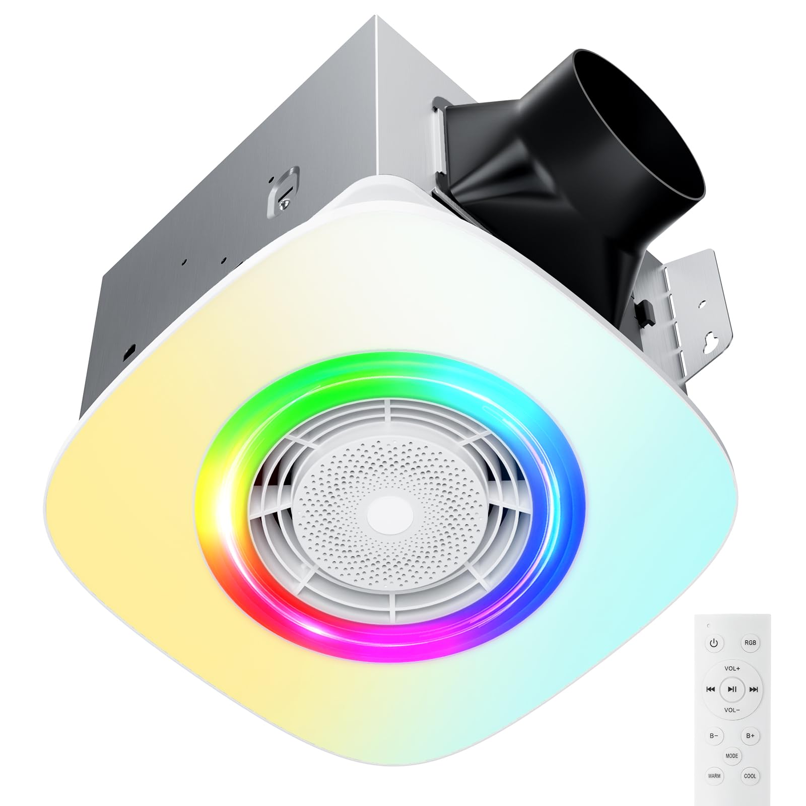 Amico bathroom fan with speaker viewed from above for compact ceiling installation.