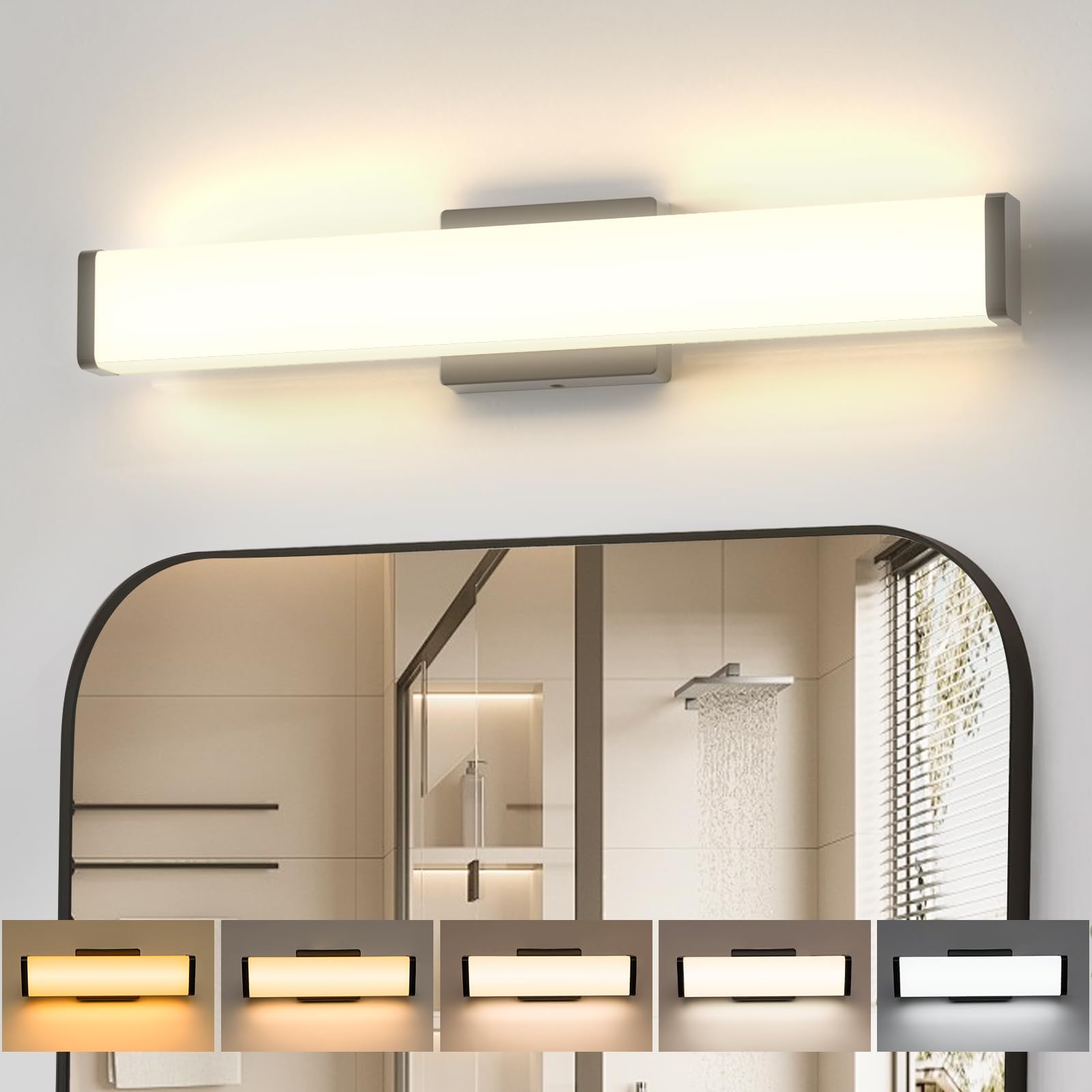 Amico bathroom light 5 CCT slider provides versatile mood lighting for any vanity task.