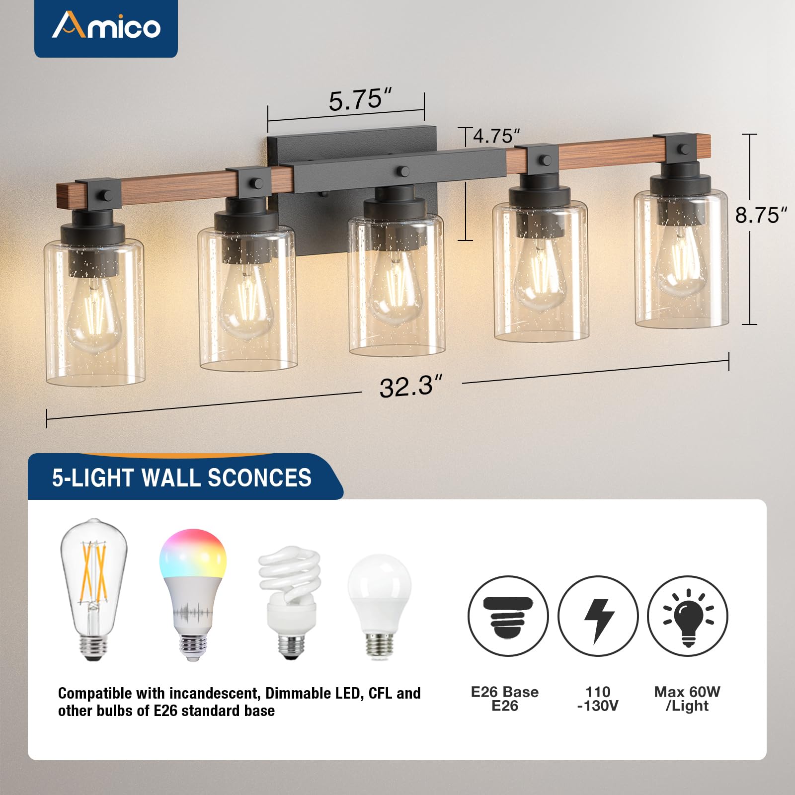 Amico vanity light in black industrial finish adds bold farmhouse character.