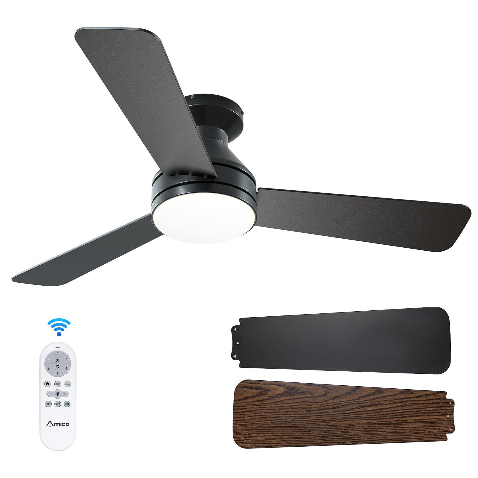 Amico 42-inch ceiling fan with light, front view enhances cooling and style.