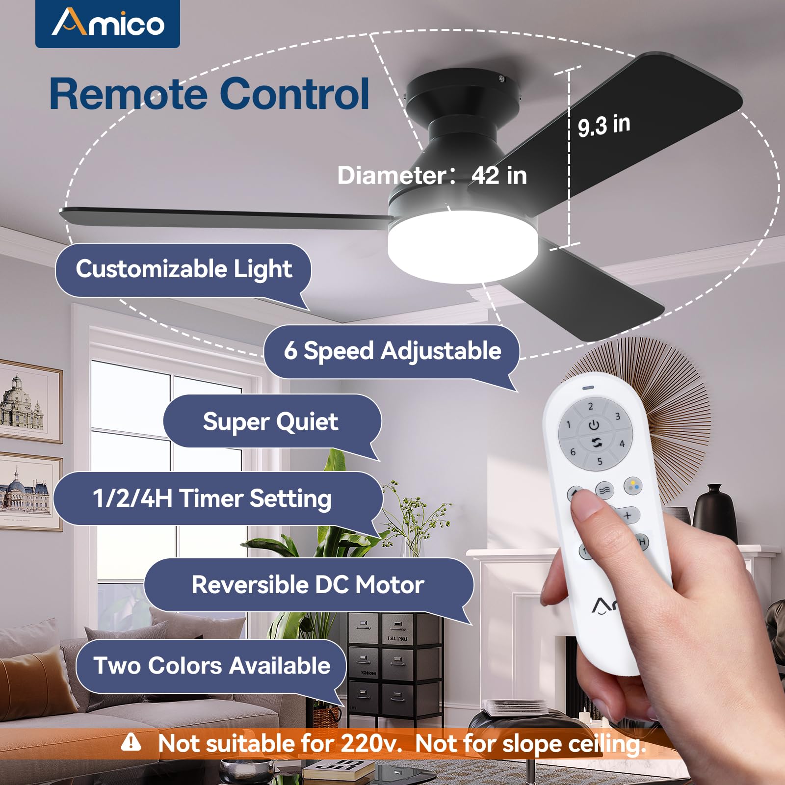 Amico ceiling fan with remote control, convenient speed and light adjustments.