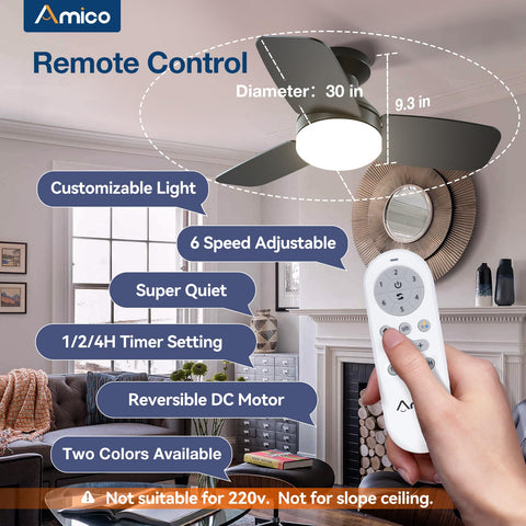 Amico low-profile flush mount ceiling fan installed in a bedroom