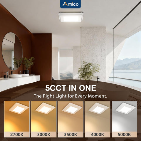 Amico ceiling-mount installation showing built-in light and vent combo.