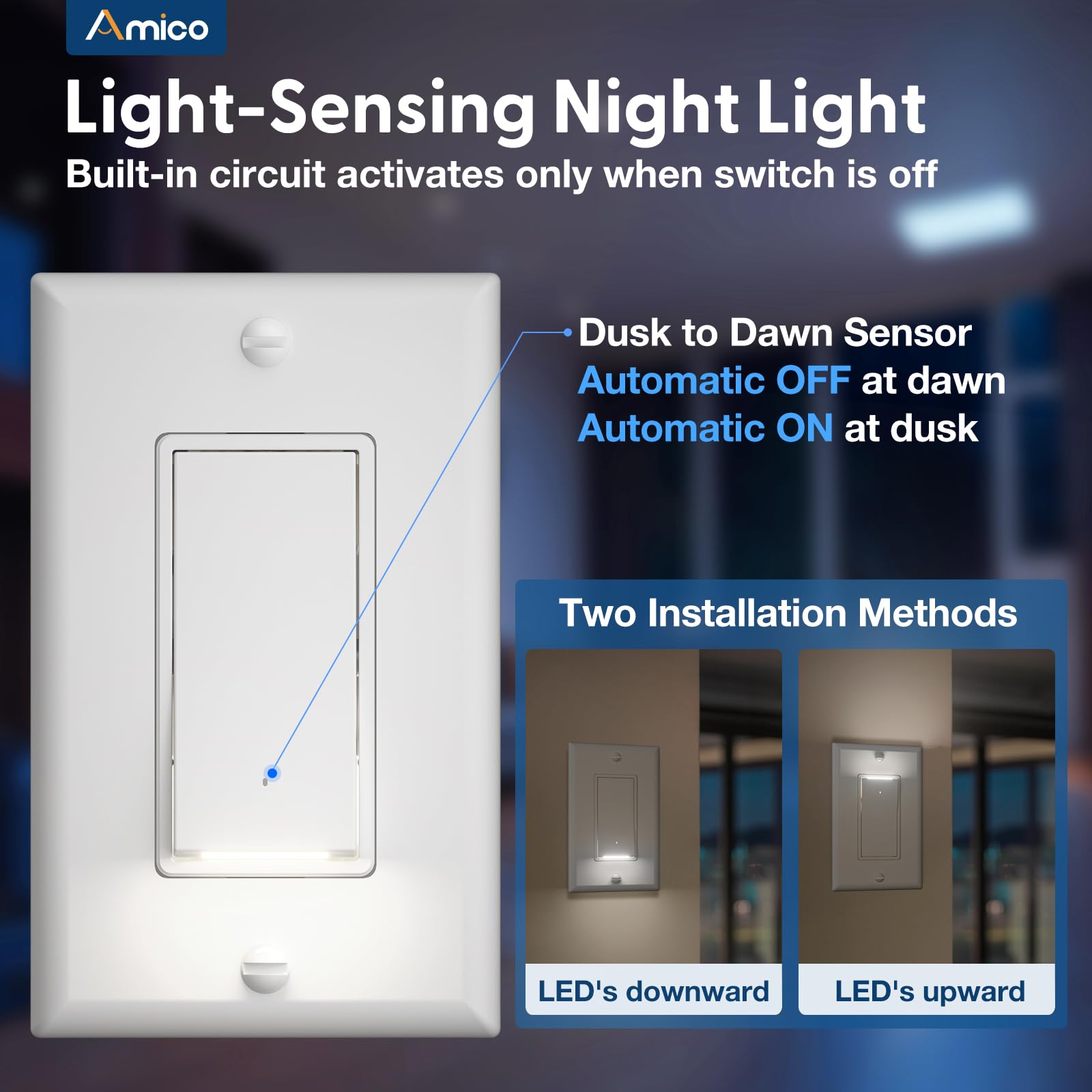 Amico UL-listed switch designed for residential use.