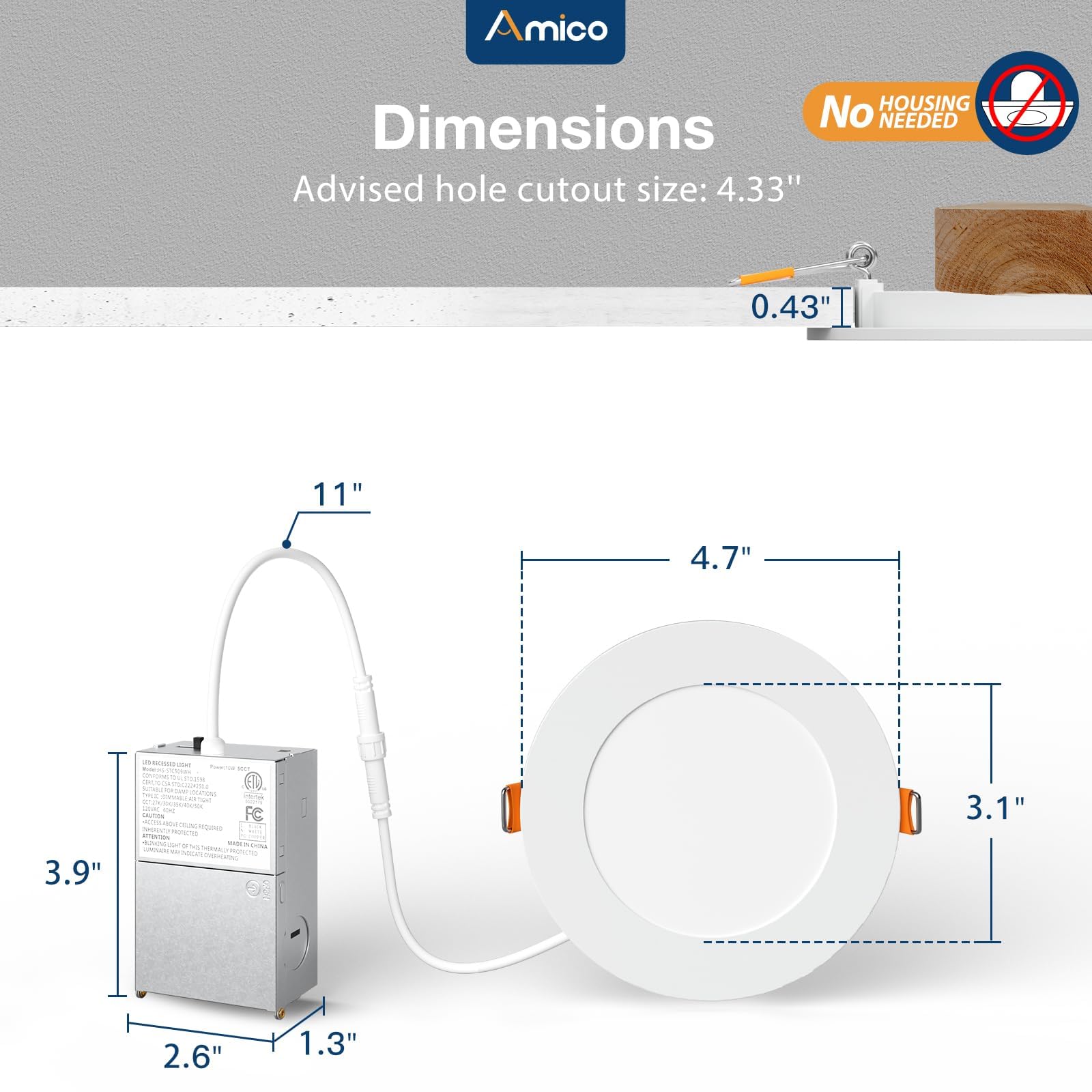 Amico dimmable 4-inch downlight with 5%-100% brightness range.