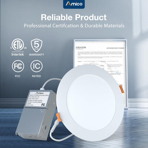 Amico dimmable 6-inch LED downlight compatible with most dimmers.