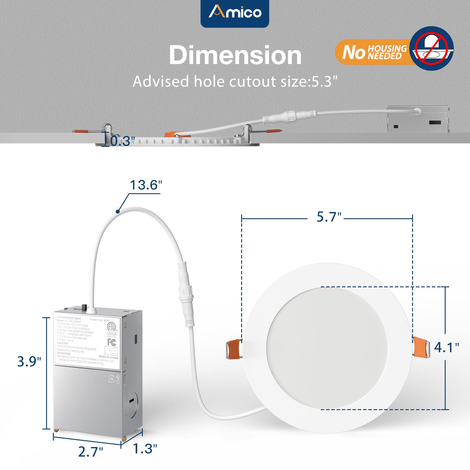Amico dimmable wafer-downlight offering smooth brightness control.
