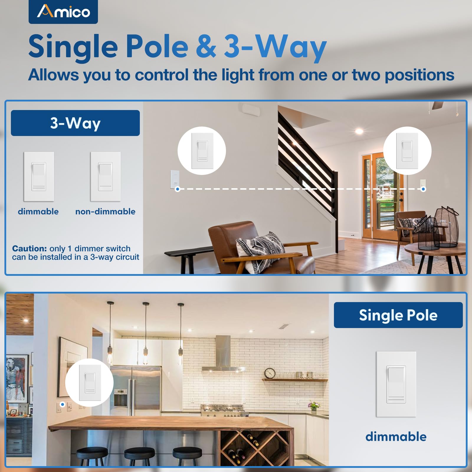 Amico dimmer switch in 3-way configuration showing two control locations