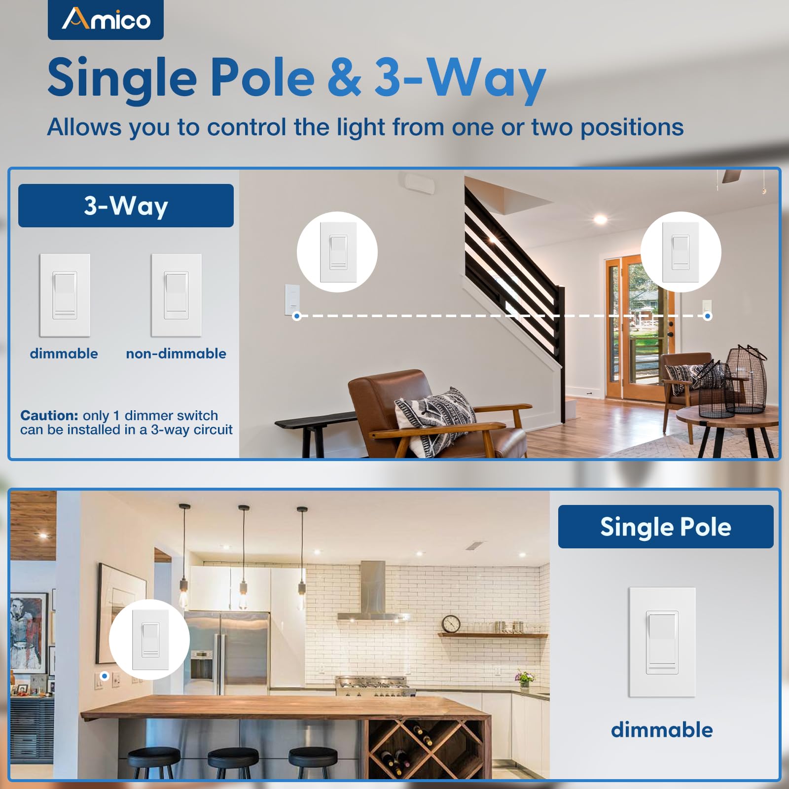 Amico dimmer switch in 3-way configuration for multi-point control.