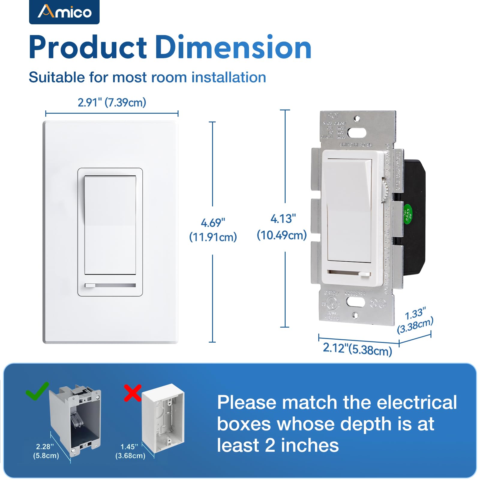 Amico dimmer switch compatible with LED and CFL lighting.