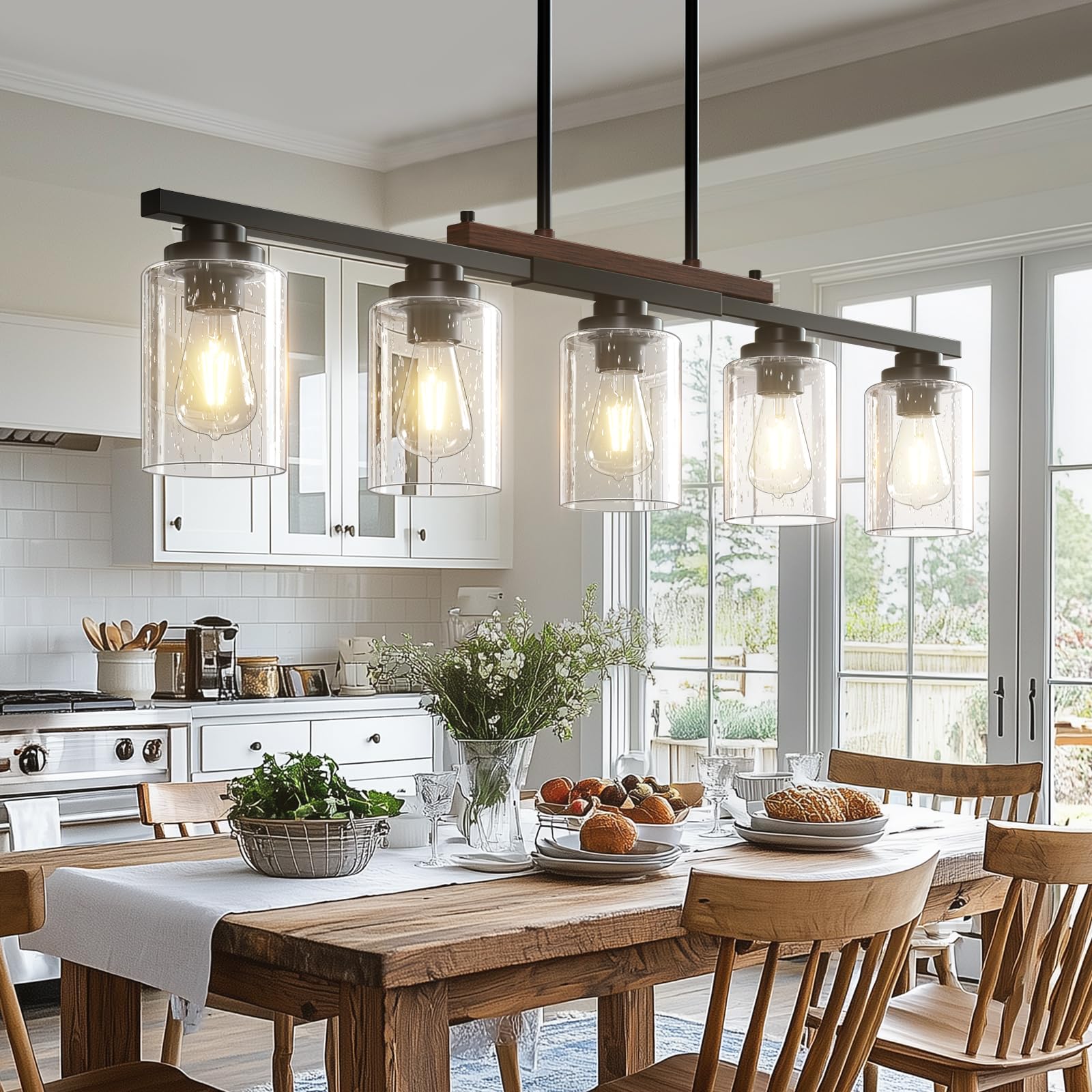 Amico 5-light dining room fixture over table for warm, inviting ambiance.