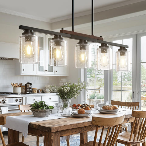 Amico 5-light dining room fixture over table for warm, inviting ambiance.
