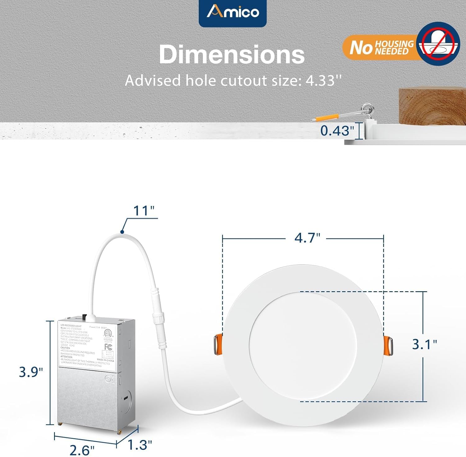Amico ETL and FCC-certified downlight ensures quality and compliance.