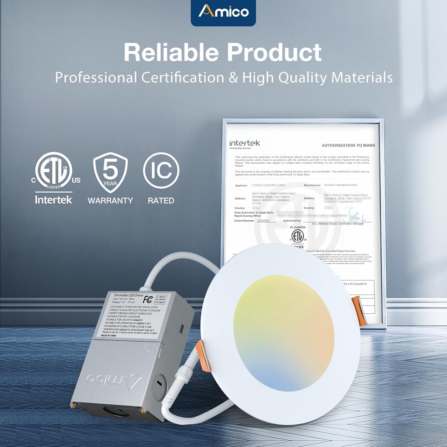 Amico ETL and FCC-certified downlight for safe, compliant installs
