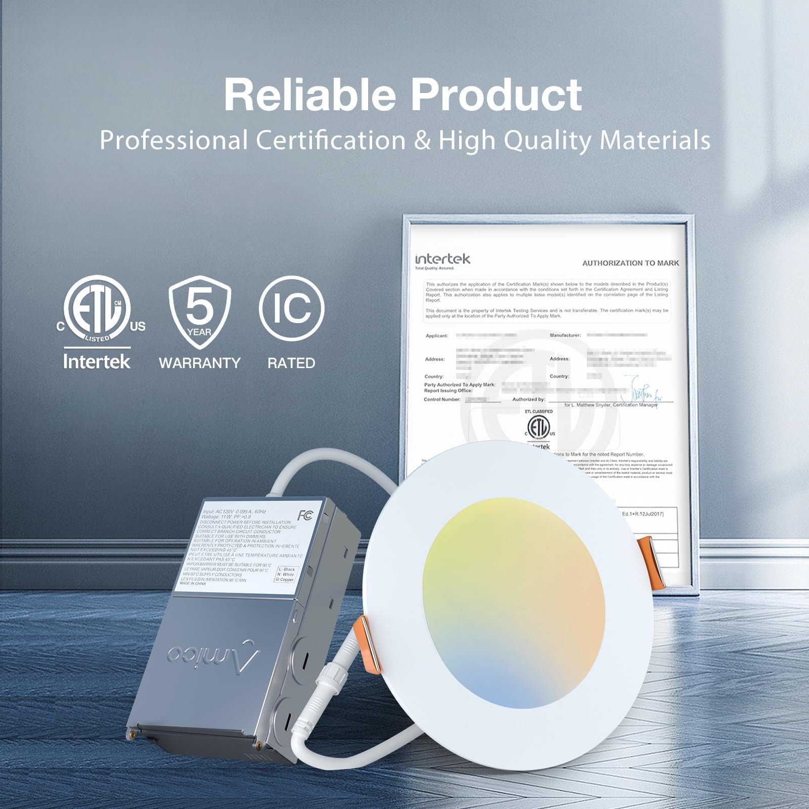 Amico ETL FCC certified downlight confirming safety and reliability.