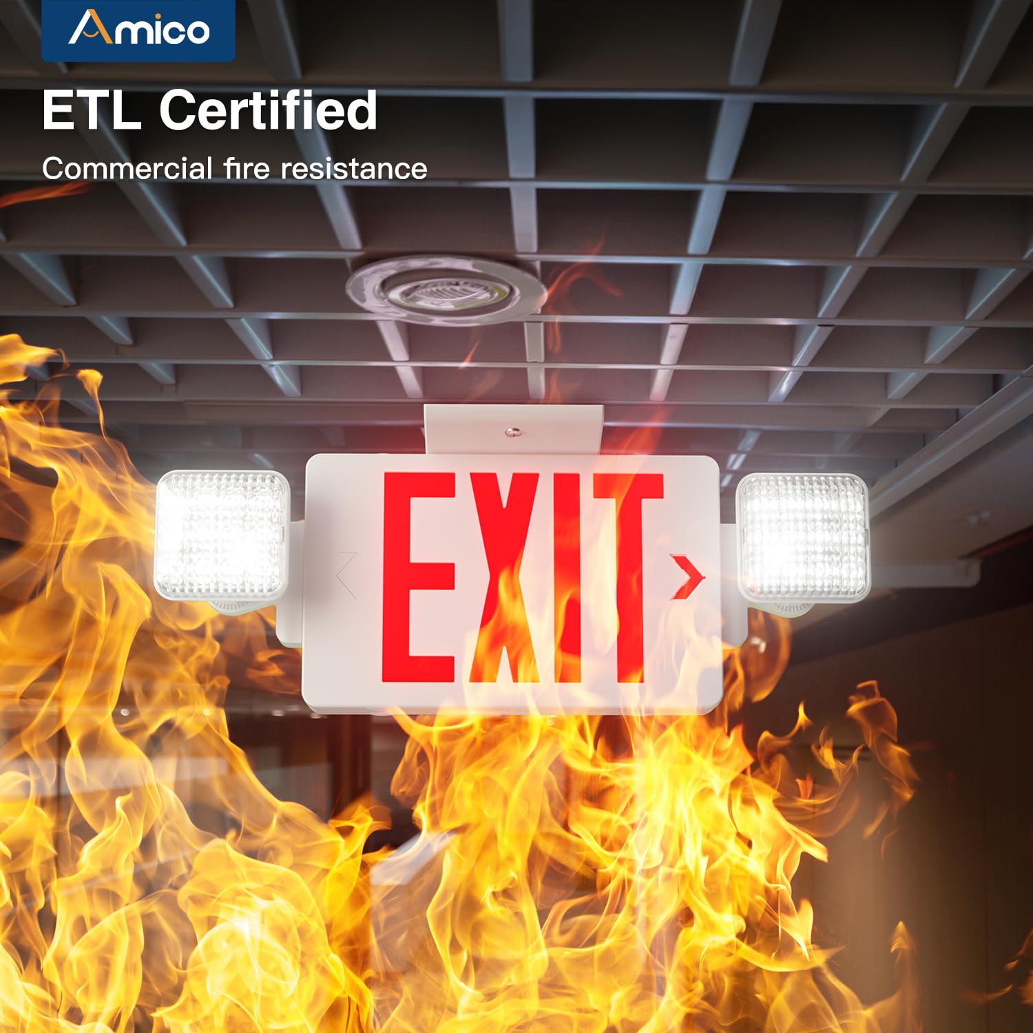 Amico battery-backed exit sign demonstrates 90-minute outage readiness.