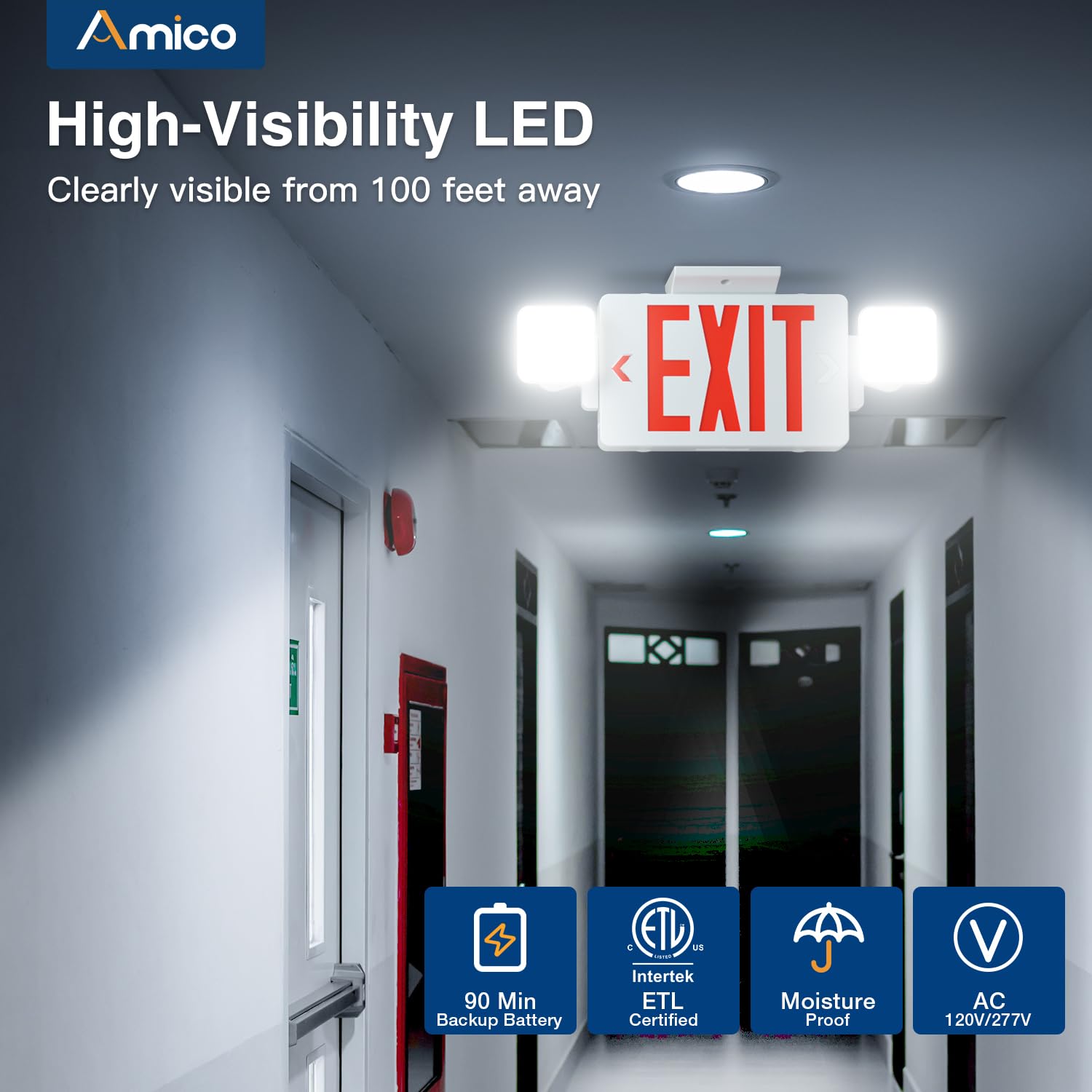 Amico exit sign with two adjustable LED heads for even coverage.