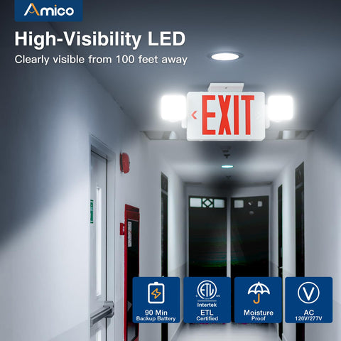 Amico exit sign with two adjustable LED heads for even coverage.