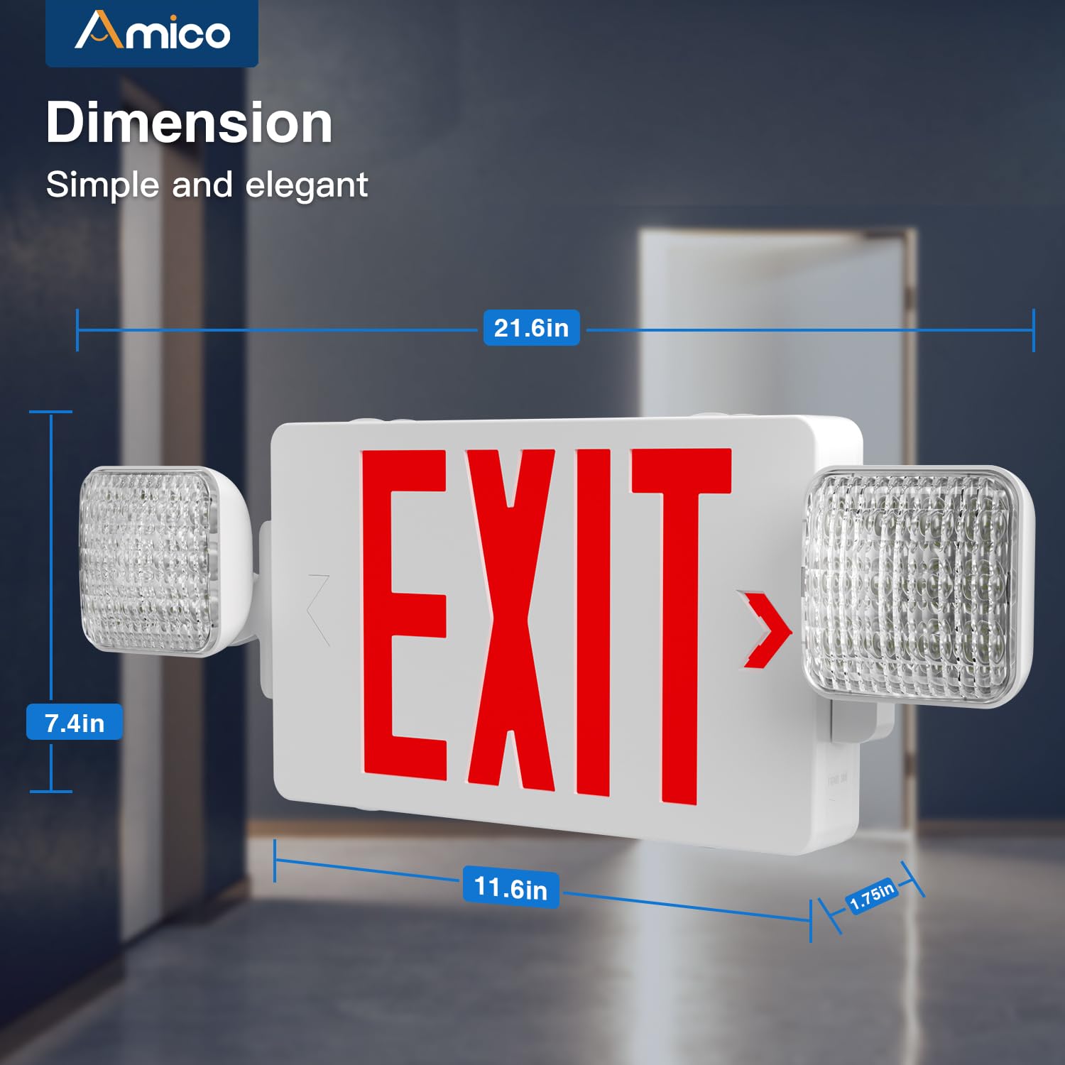 Amico exit sign offers up to 100 feet visibility.