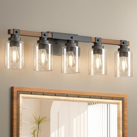 Amico farmhouse vanity light with five lights enhances bathroom ambiance.