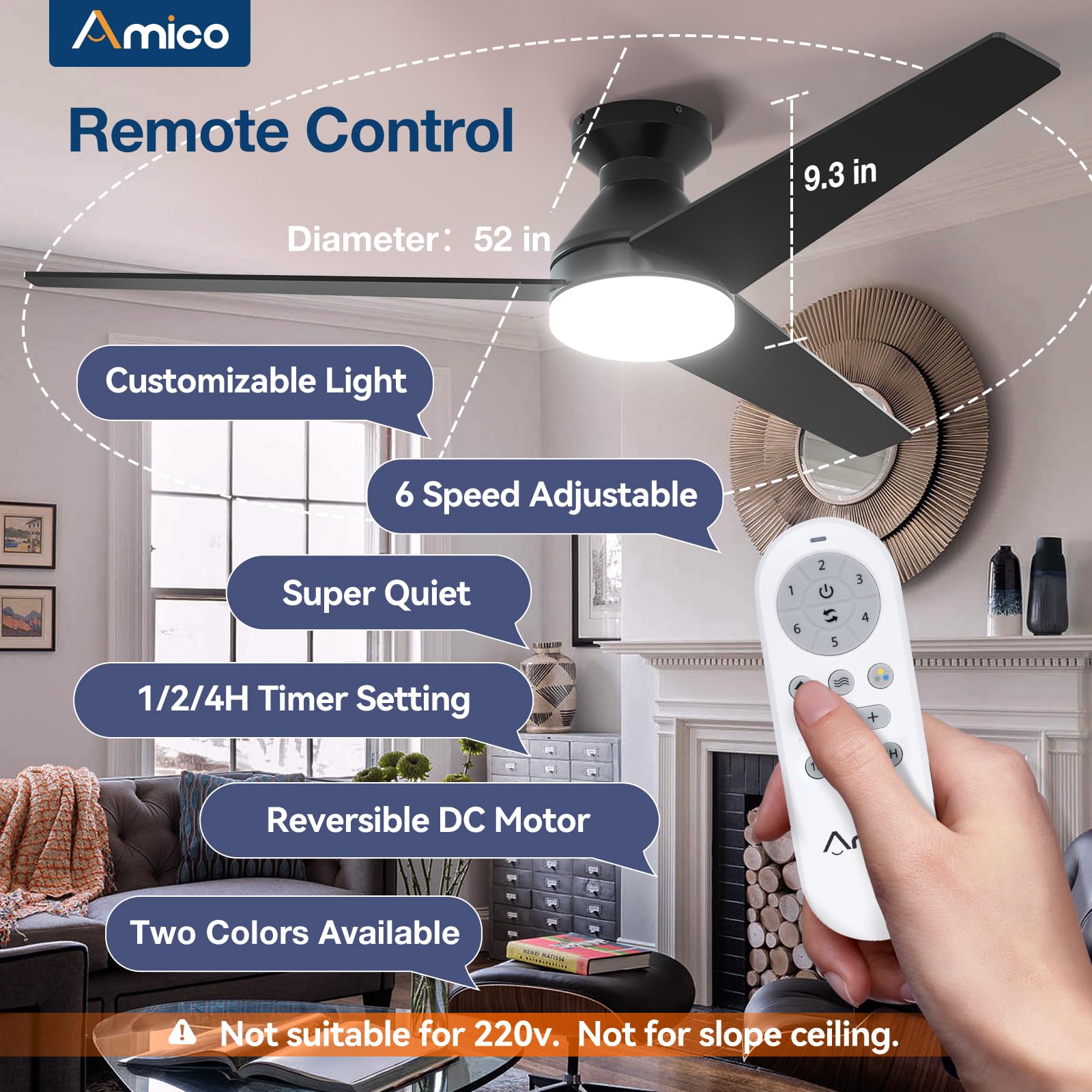 Flush-mount installation guide for Amico ceiling fan in a living room.