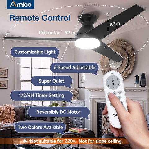 Flush-mount installation guide for Amico ceiling fan in a living room.