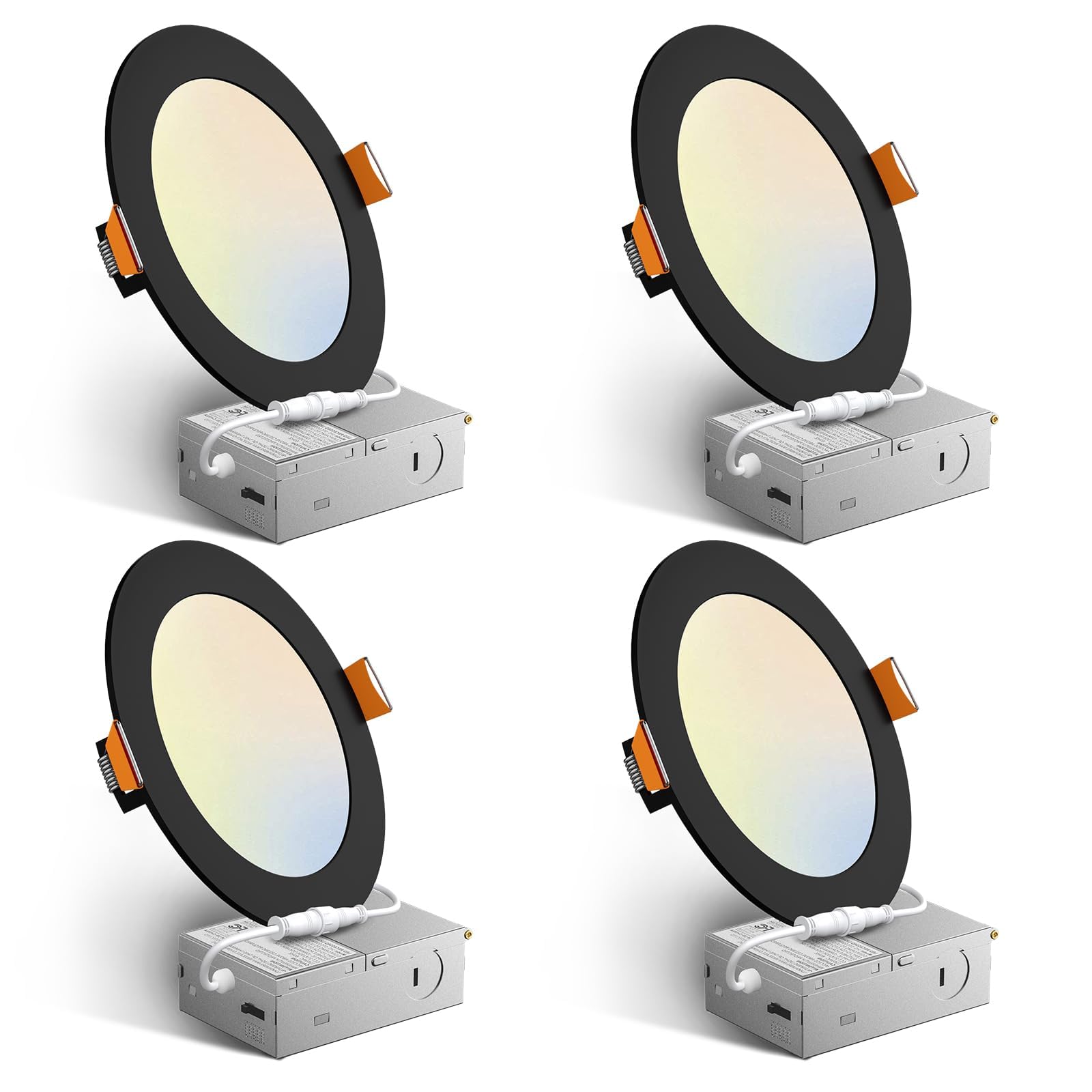 Amico four-pack 6-inch black ultra-thin LED downlights with junction box for easy ceiling install.