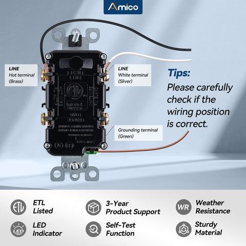 Amico GFCI with 4mm terminals for 12 AWG wires.