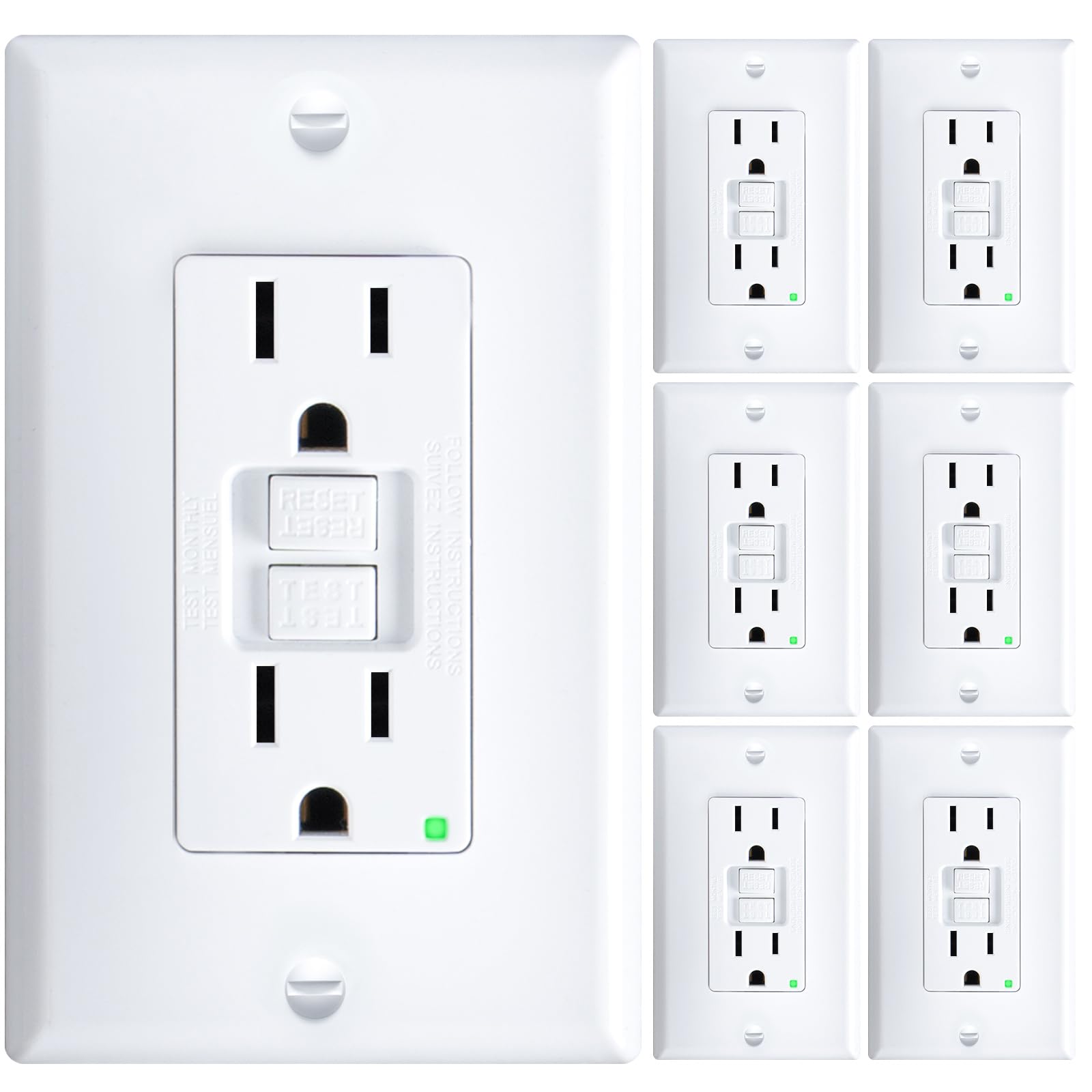 Amico GFCI outlet 6-pack front view, ideal for quick, complete replacement projects.