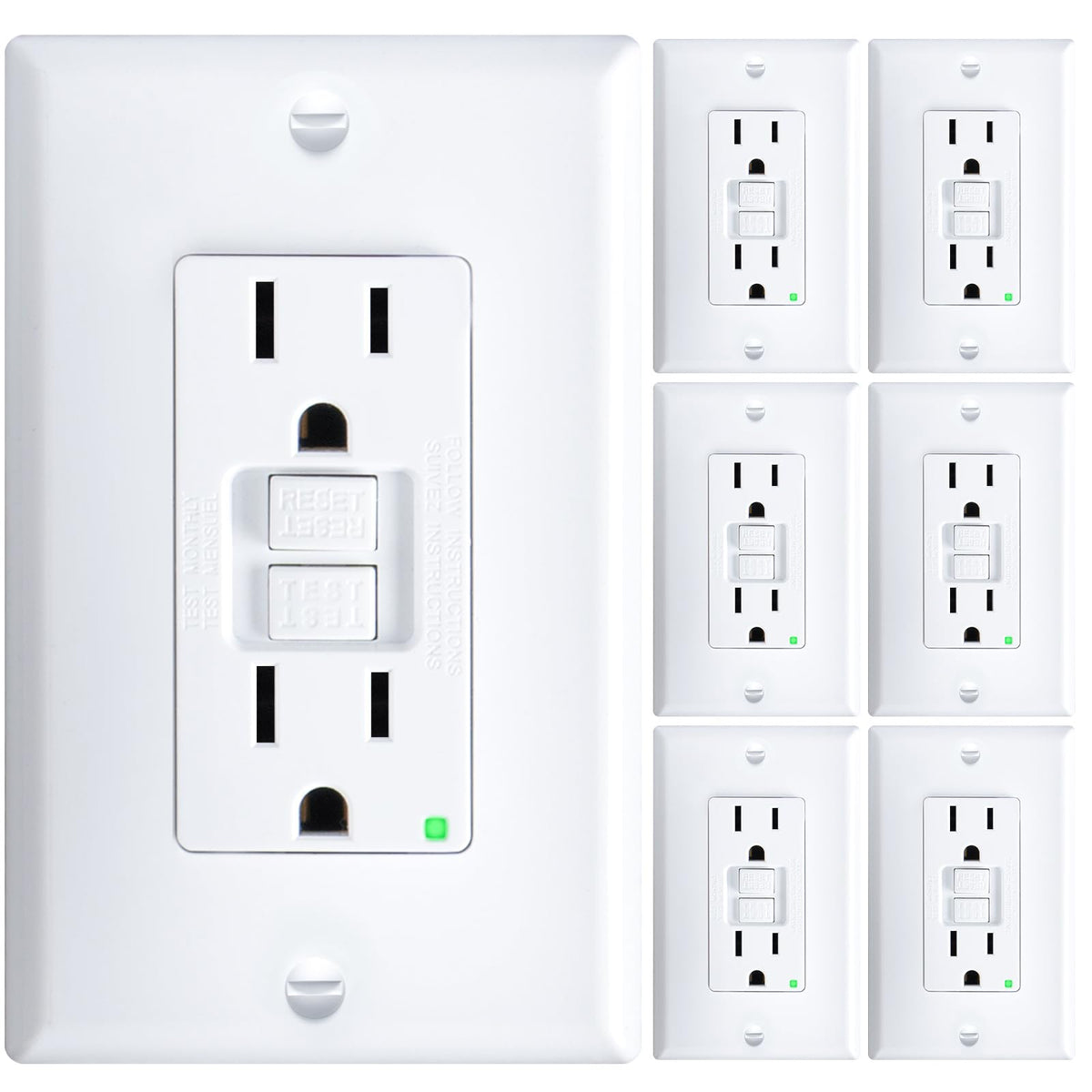 Amico GFCI outlet 6-pack front view, ideal for quick, complete replacement projects.