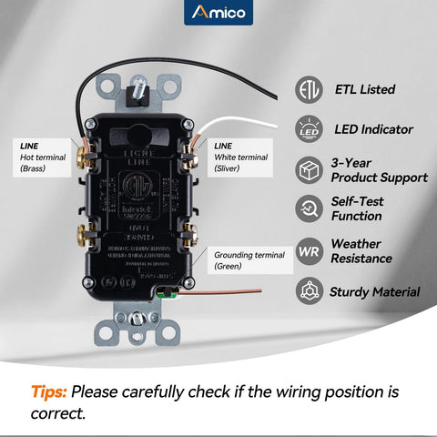 Amico GFCI outlet ETL-listed label ensures compliance and reliability.