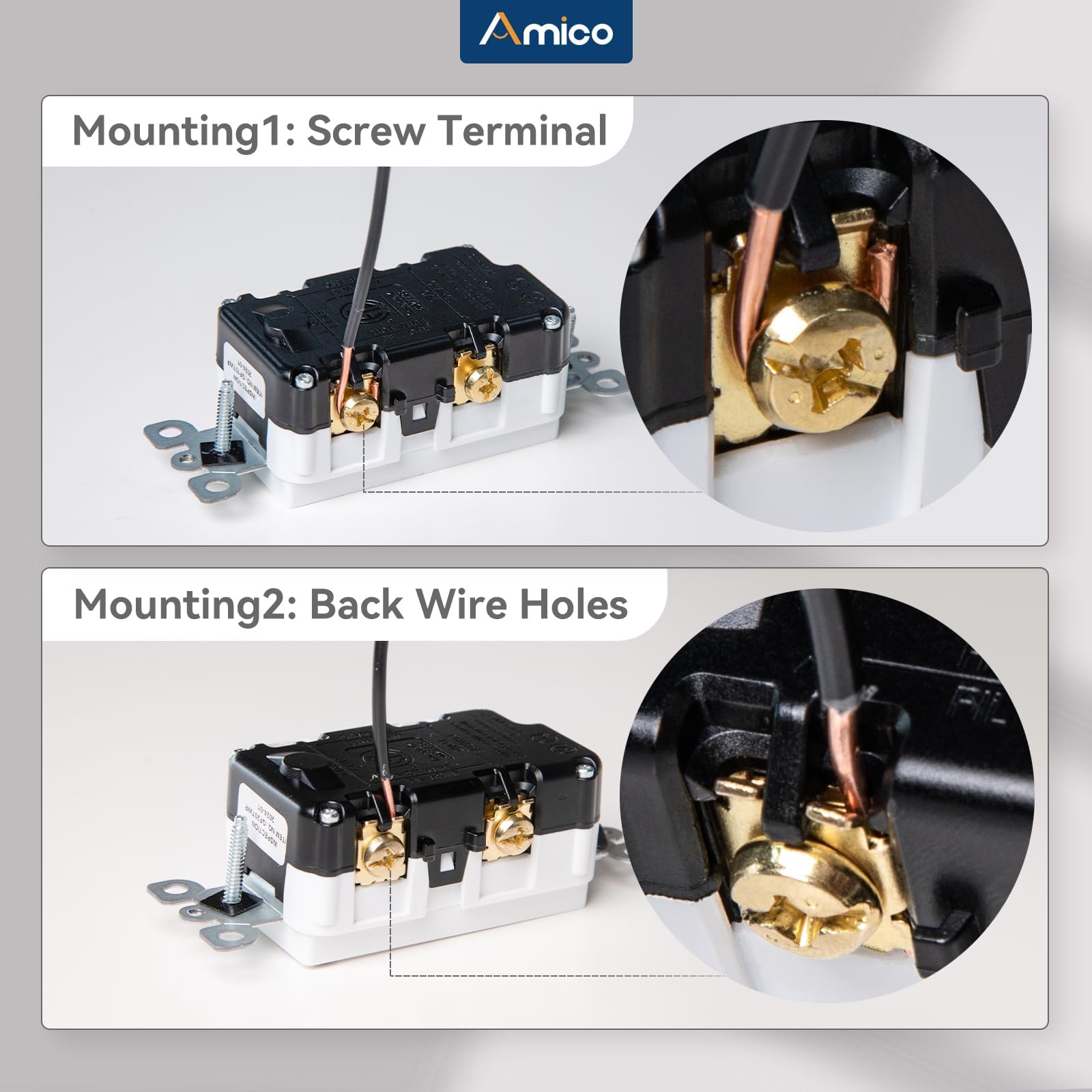 Amico GFCI outlet rear wiring entry shows back and side wiring options for versatile installs.