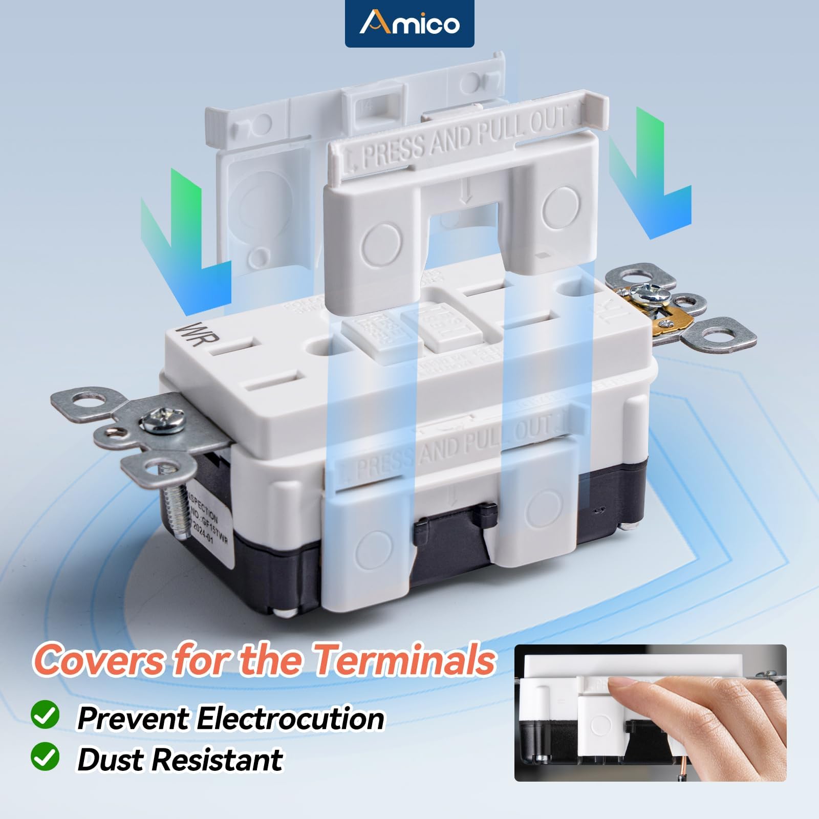 Amico weather-resistant GFCI outlet exposed in harsh conditions.