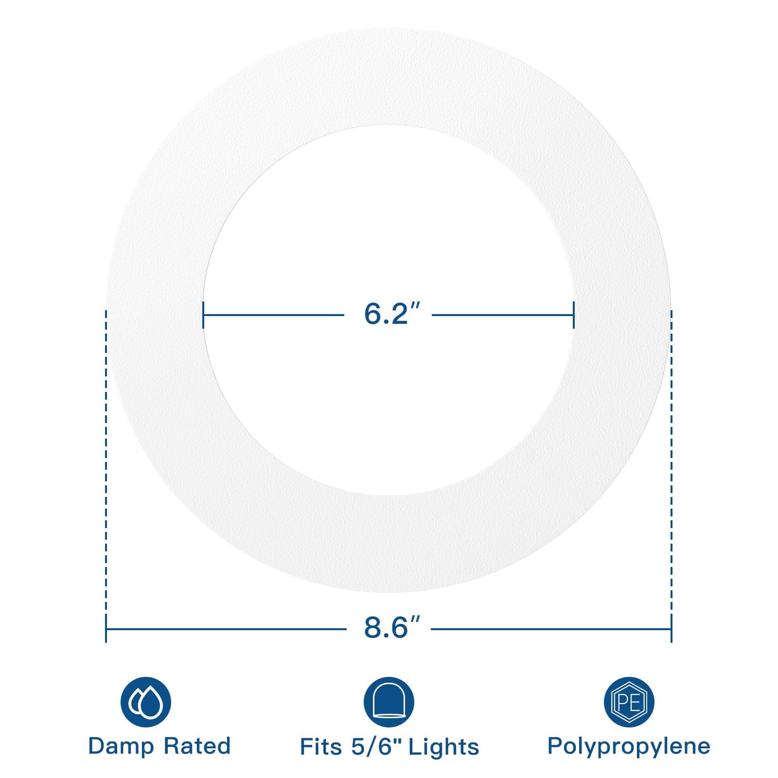 Amico goof ring inner diameter 6.2 inches fits 6-inch recessed lights neatly.