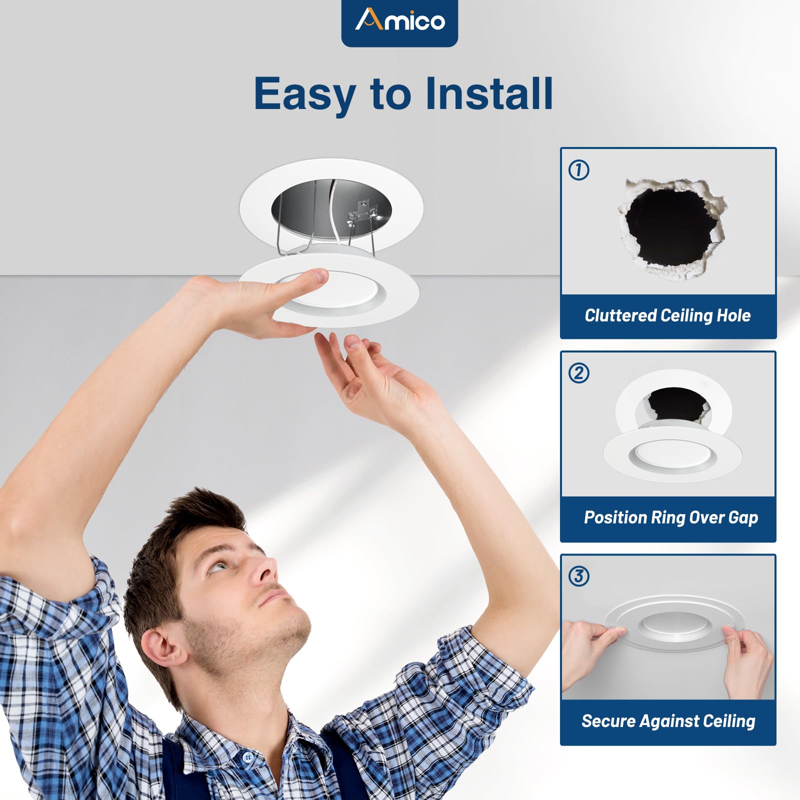 Amico goof ring installed between drywall and light creates a clean look.