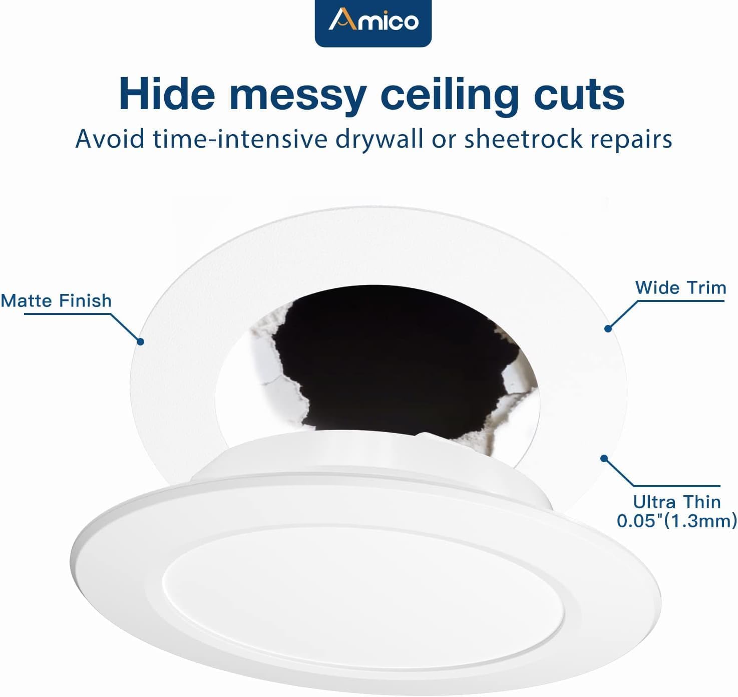 Amico goof ring in white matte finish blends with ceilings for a seamless edge.