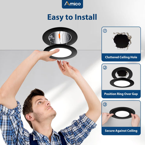 Amico Goof Rings hide gaps and rough drywall for upgraded ceilings.