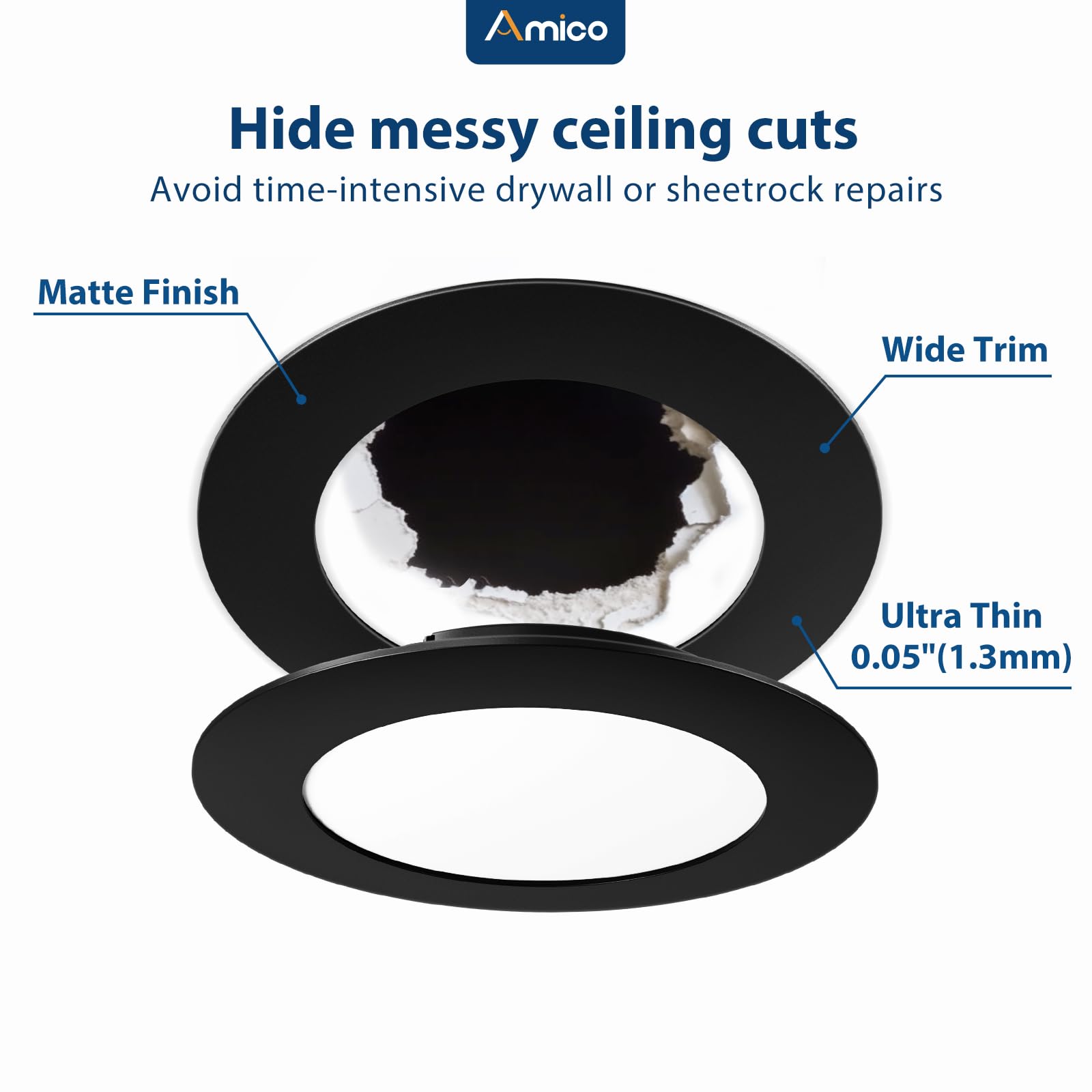 Amico Goof Rings matte black finish for seamless ceiling aesthetics.