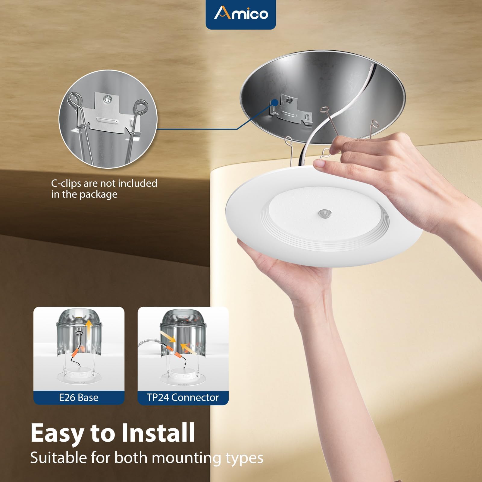 Amico IC-rated diffuser provides safe operation with insulation compatibility.