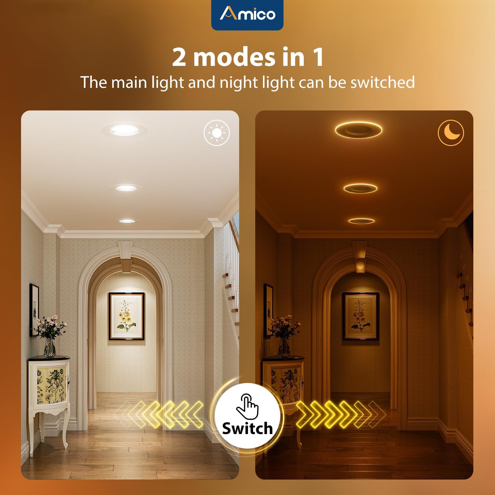 Amico LED can light shows selectable 5CCT color temperatures for flexible lighting.